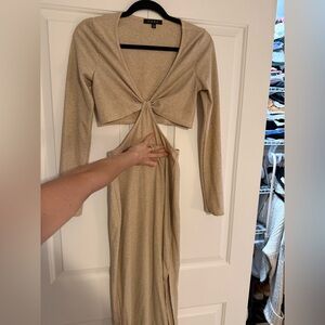 NWT Beige Long-Sleeve Cut-Out Dress